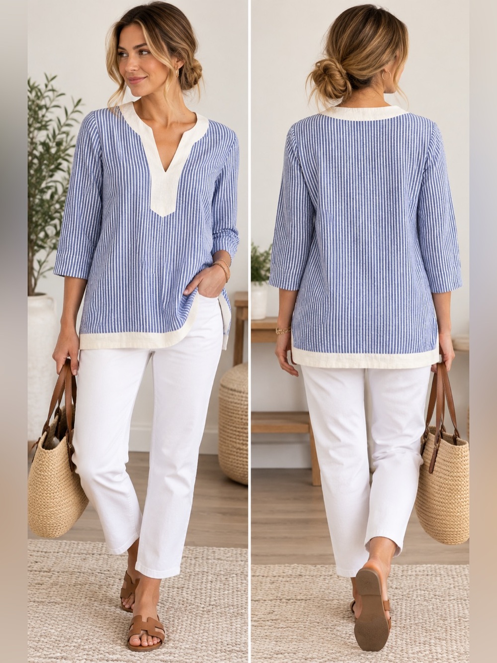 Duffield Lane Top Womens XS Blue White Striped Seer Sucker Tunic Cotton